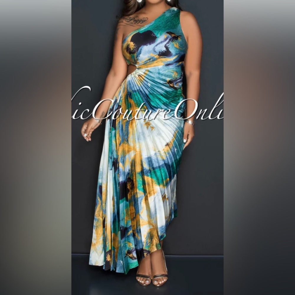 JOAQUIN GREEN PRINT PLEATED SINGLE SHOULDER MAXI DRESS